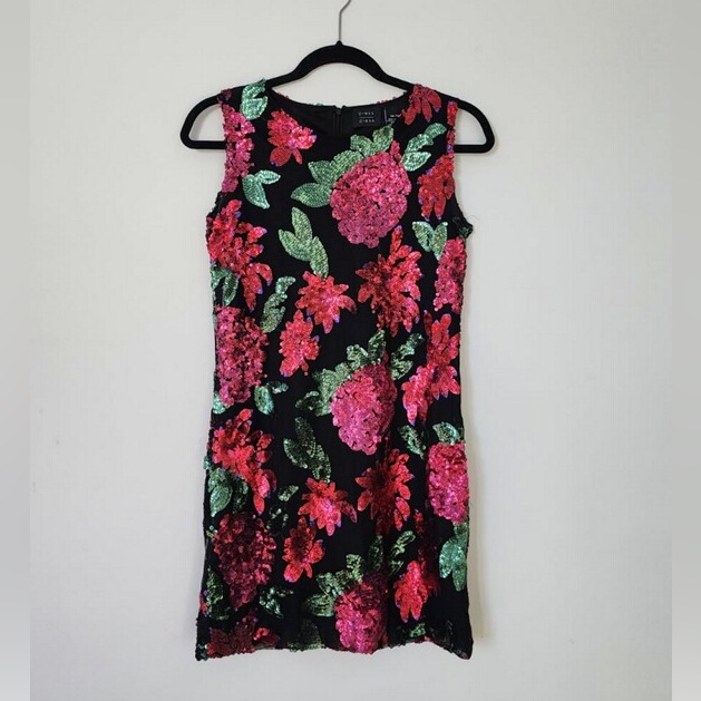Press Dress 90’s Style Sequin Roses Black Shift Dress, Gently Used, Size Xs